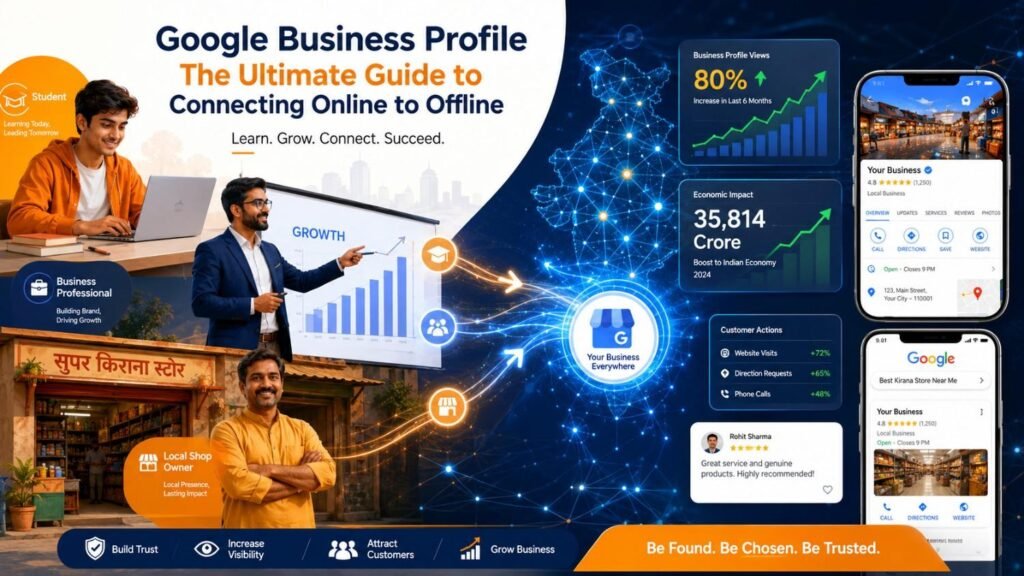 Digital marketing strategy guide for Indian businesses featuring a student, business professional, and shop owner with stats showing 80% SMBs use online ads and Rs 35,814 crore spent in 2025.